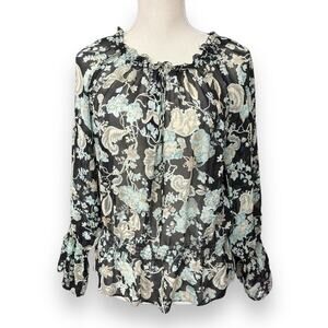 Anthropologie Tape Measure Black Floral Silk Blouse Size 14